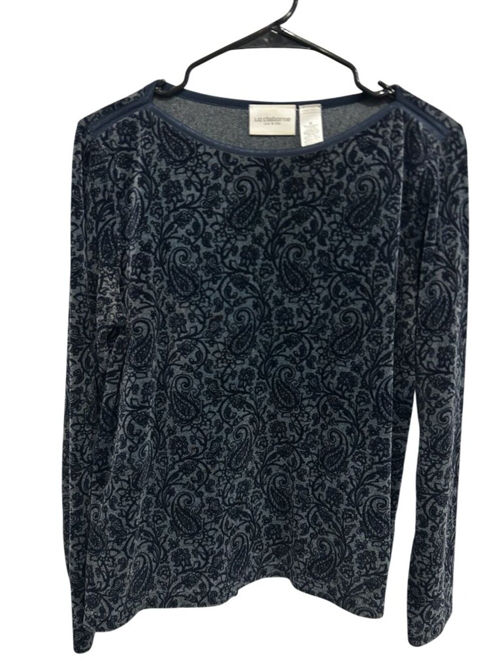 Liz Claiborne Medium Blue Paisley Print Velvet Long Sleeve Top Burnout Retro